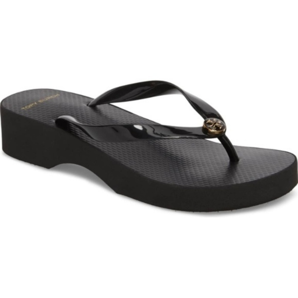 Tory Burch Logo Wedge FlipFlops-Size 8-Black NWOT